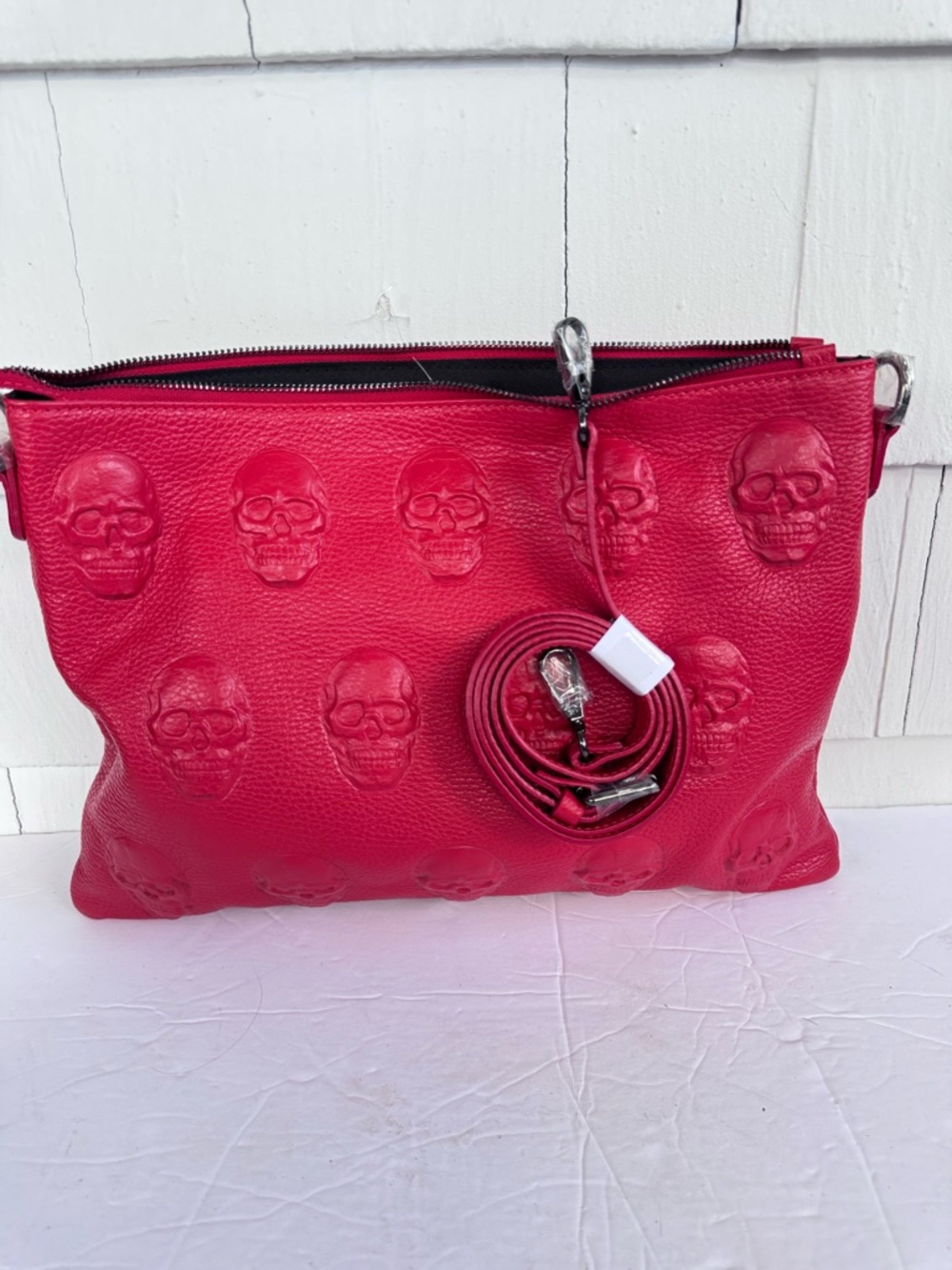 IO Pelle Italia 3D Multi Skull Crossbody Bag Red Leather NEW
